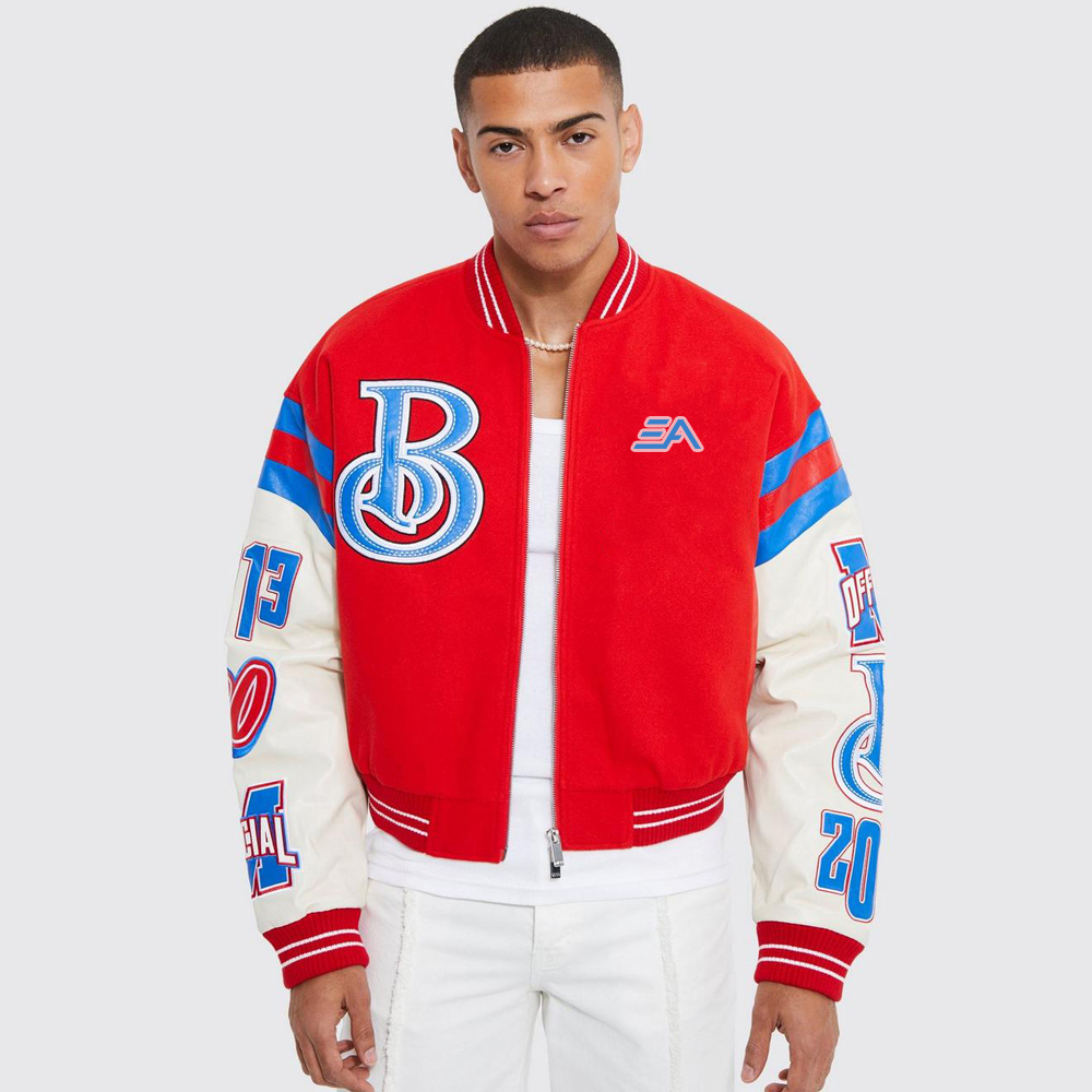 Oversized Applique Basketball Jersey Varsity Jacket