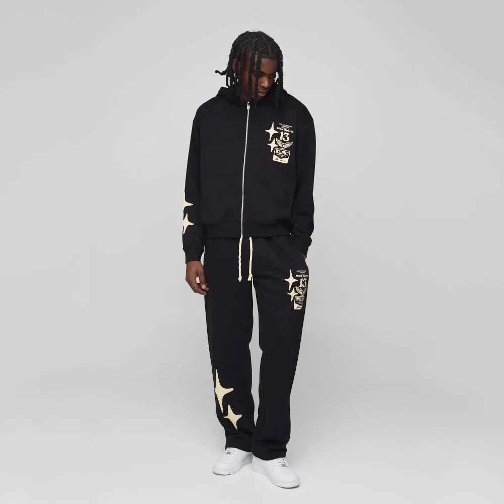 Regular Fit Man Graphic Flared Stacked Hooded Tracksuit